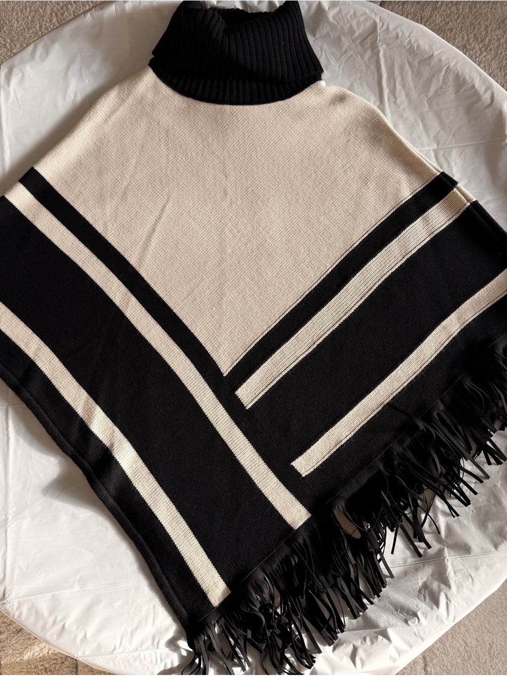 Kate L’Altramoda Made in Italy Black Cream Wool Blend Turtleneck Poncho Fringe
